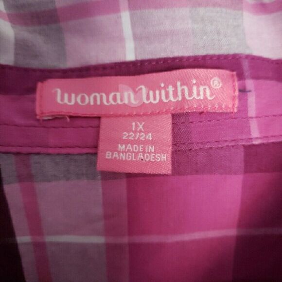 Woman Within Button Up Shirt 1X Plaid Classic Collar Hemline Styling Purple Pink - Picture 2 of 11